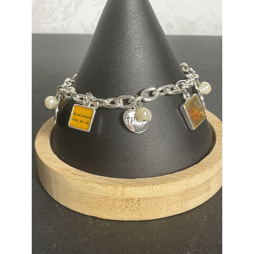Silver Charm Bracelet With Inspirational Quotes & Pearl Accents